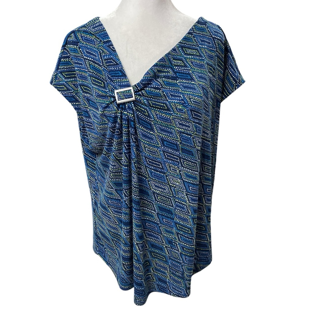 Adrienne Vittadini Blue, Green & White Print Sleeveless Ruched Blouse Size XL - Picture 2 of 12